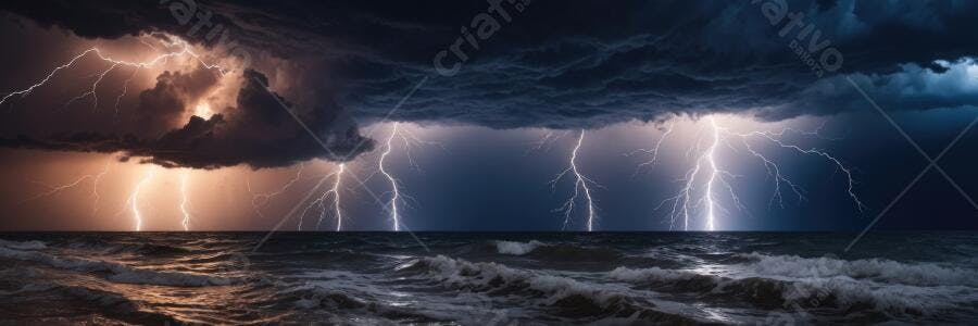 Foto Mar Tempestuoso Raios Céu Escuro e Ondas Grandes