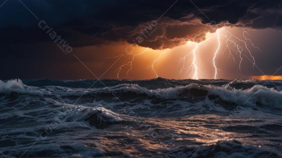 Foto Raios Tempestade Mar Aberto Ondas Fortes Noite
