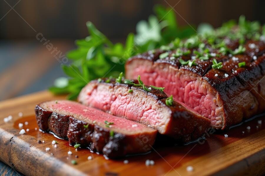 Foto Bife Ancho Grelhado Mal Passado Ervas Tábua de Madeira