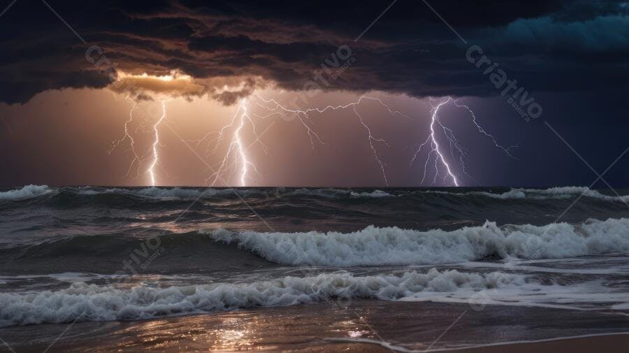 Foto Raios e Tempestade no Mar com Ondas Fortes