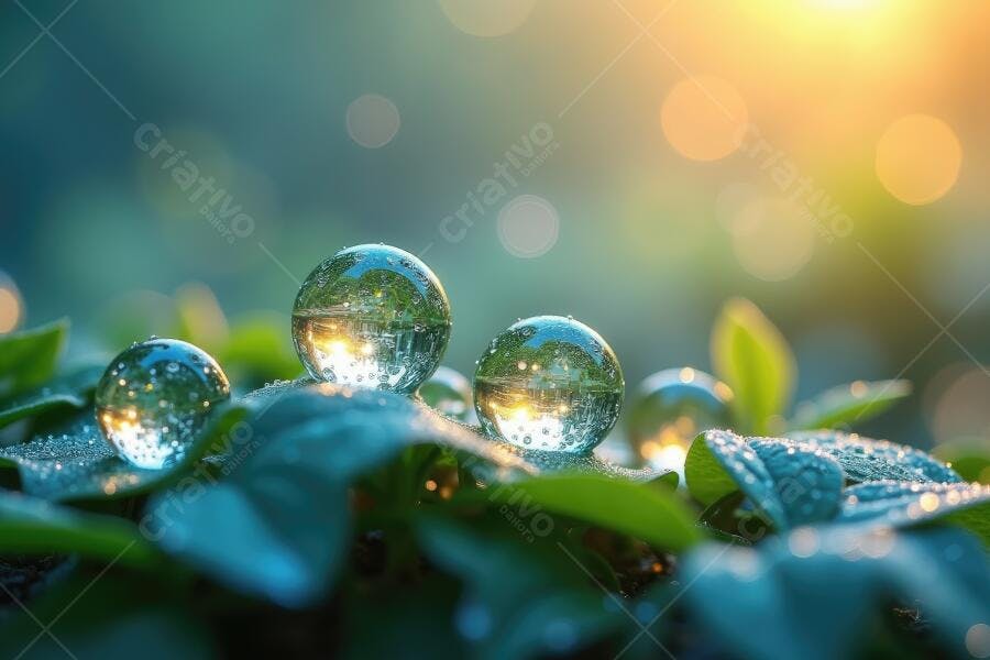 Foto Gotas de Orvalho em Folhas Verdes ao Amanhecer Macro