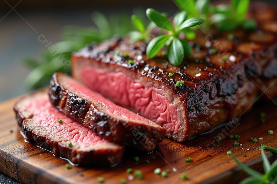 Foto Bife Grelhado Malpassado Ervas Frescas Tábua de Madeira