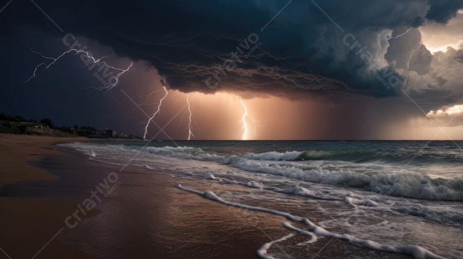 Foto Raio e Tempestade no Mar Praia Escura Noturna