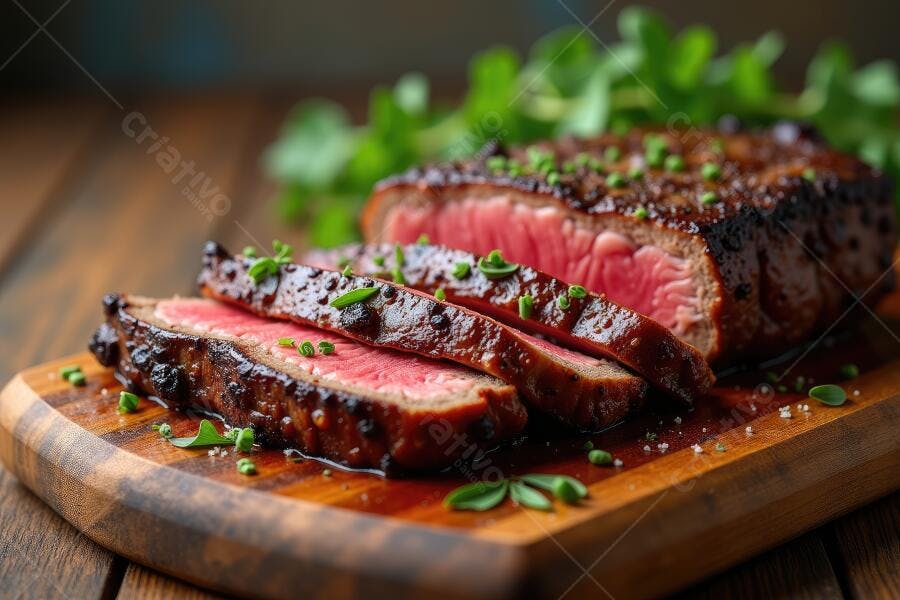 Foto Bife Ancho Grelhado Malpassado Ervas Tábua de Madeira