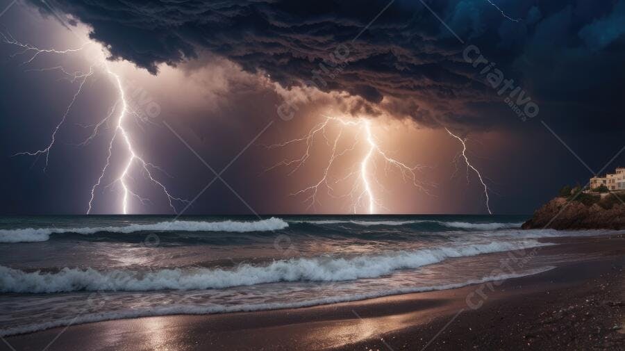 Foto Raios Tempestade Mar Aberto Praia Noturna