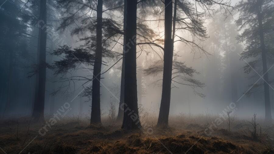 Foto Floresta Nebulosa Árvores Altas Manhã Escura