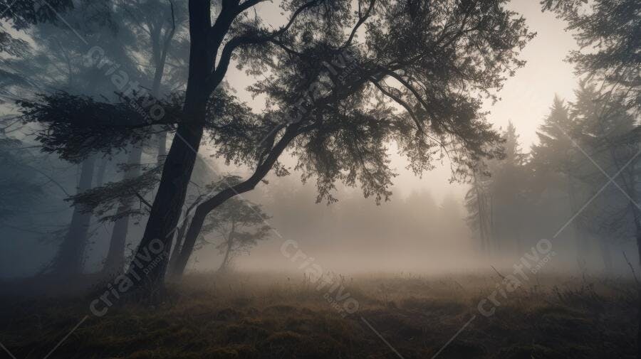 Foto Floresta Nebulosa Árvores Escuras Amanhecer Místico