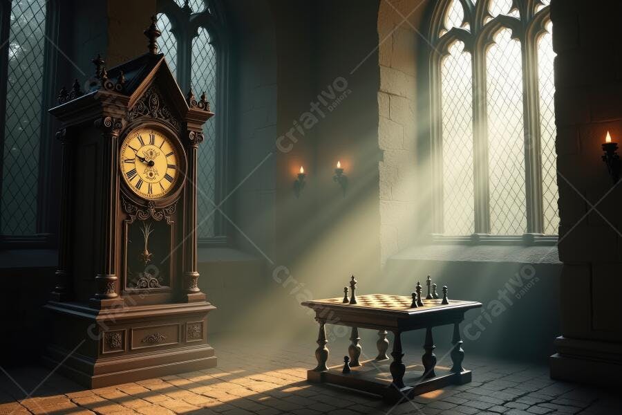 Foto Relógio Antigo Xadrez Sala Gótica Iluminação Natural