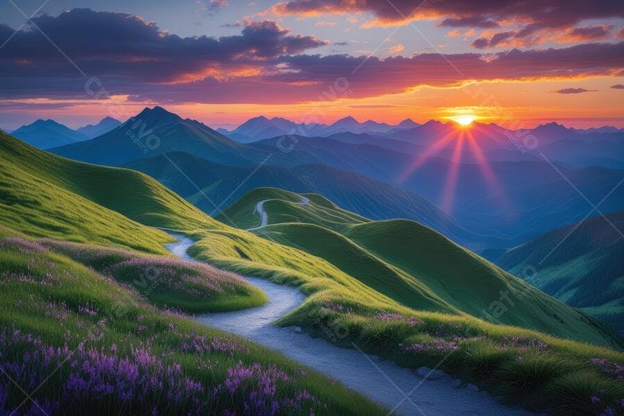 Foto Paisagem Montanhas Verdes Caminho Pôr do Sol Dourado