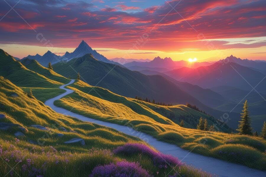 Foto Paisagem Montanhas Estrada Pôr do Sol Cores Vibrantes