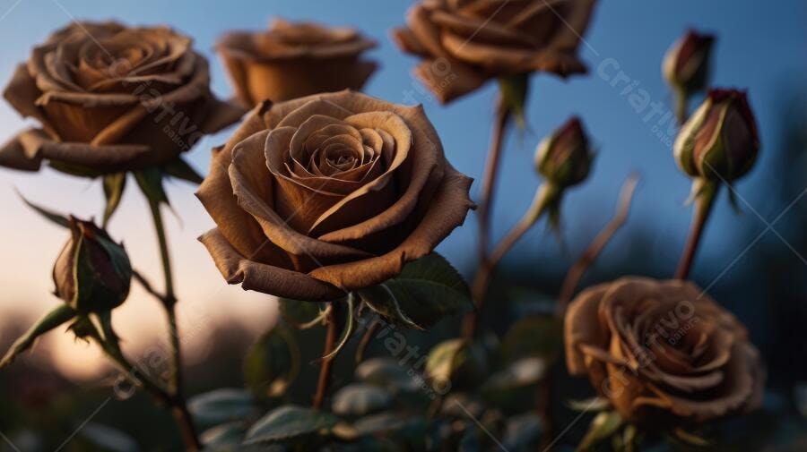 Foto Rosas Marrons Escuras Botões Fundo Céu Azul Crepúsculo