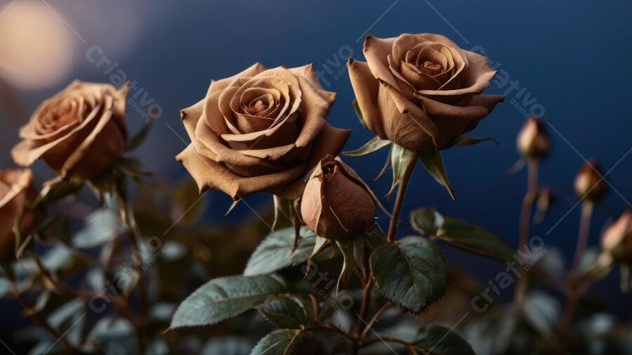 Foto Rosas Marrons Escuras Fundo Azul Noturno Romântico