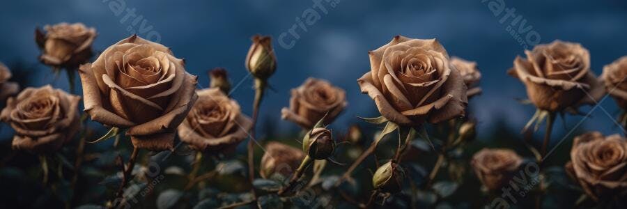 Foto Rosas Marrons Escuras Jardim Noturno Fundo Azul