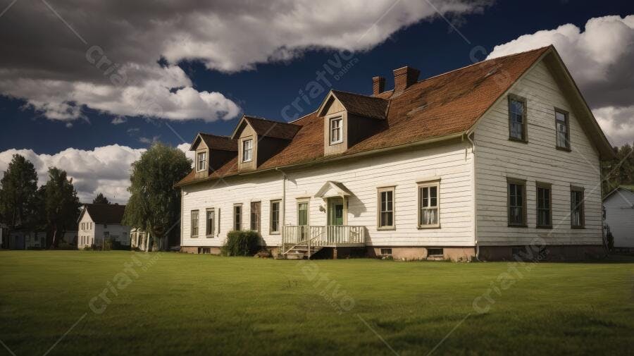 Foto Casa Branca Antiga Campo Verde Céu Azul Nuvens