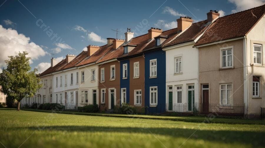 Foto Casas Geminadas Coloridas Gramado Verde Céu Azul