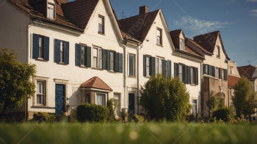Foto Casas Geminadas Brancas Estilo Europeu com Gramado