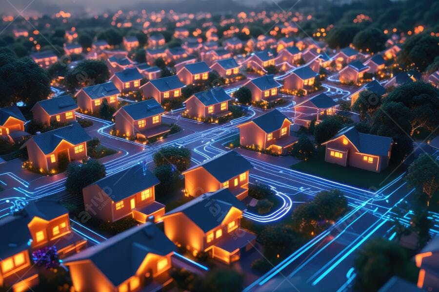 Foto Aérea Casas Iluminadas Rede Elétrica Digital Noturna