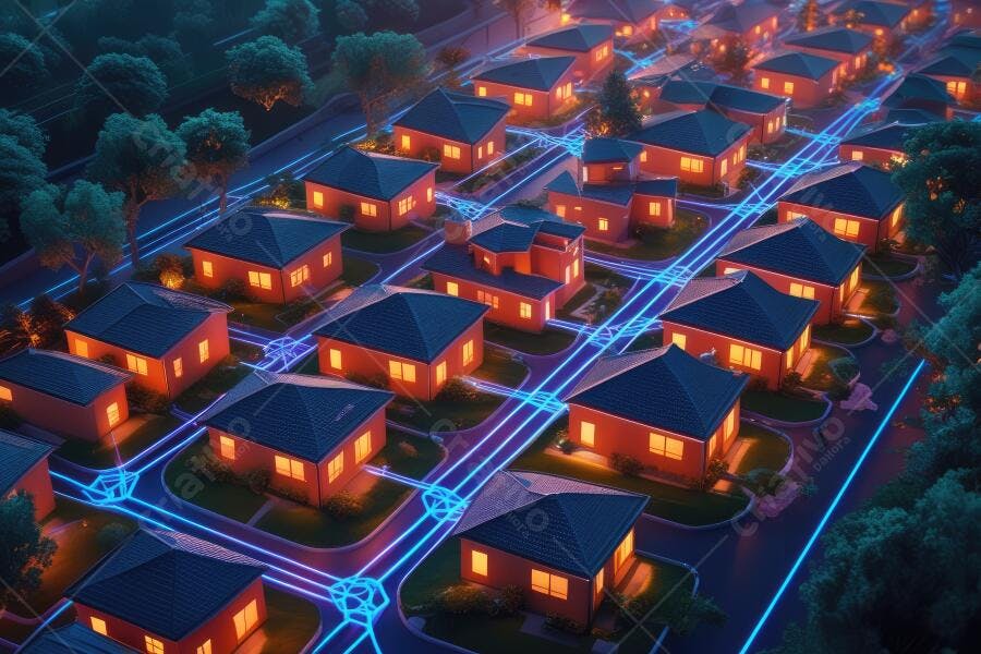 Foto Aérea Casas Iluminadas Conexão Rede Digital Noturna
