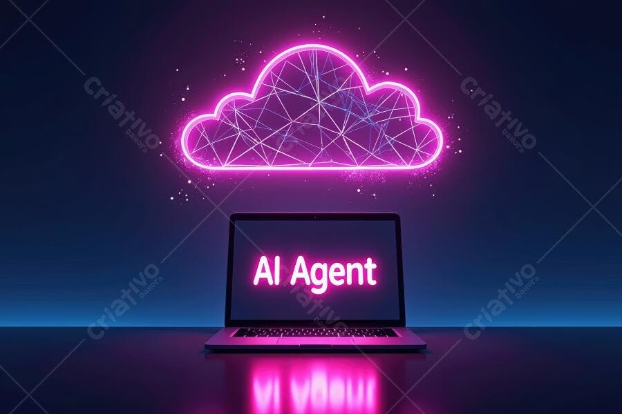 Foto Nuvem Neon e Notebook Agente IA Tecnologia