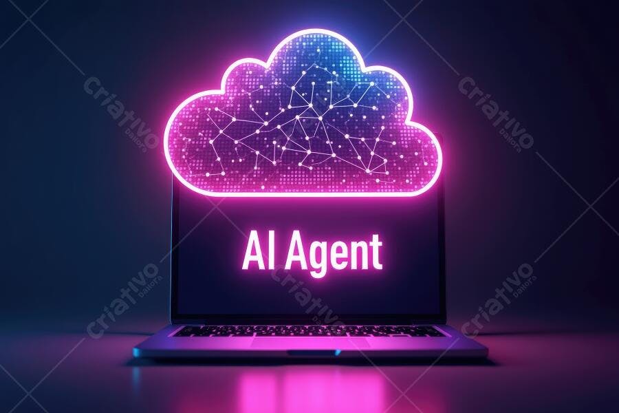 Foto Nuvem de IA Agente Digital Neon no Notebook