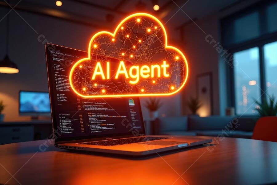 Foto Notebook com Nuvem Neon AI Agent Tecnologia Inteligência Artificial