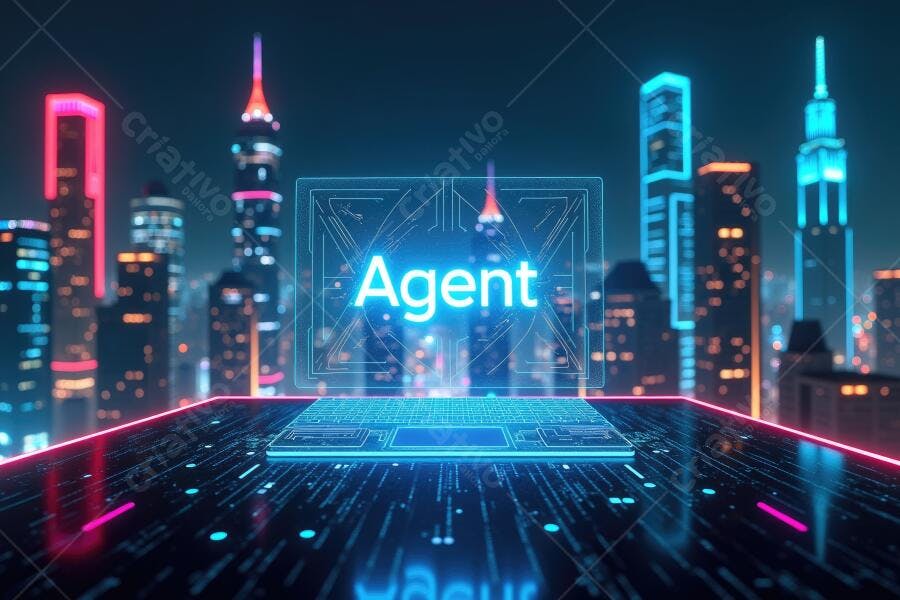 Foto Laptop Holográfico com "Agent" Cidade Noturna Neon