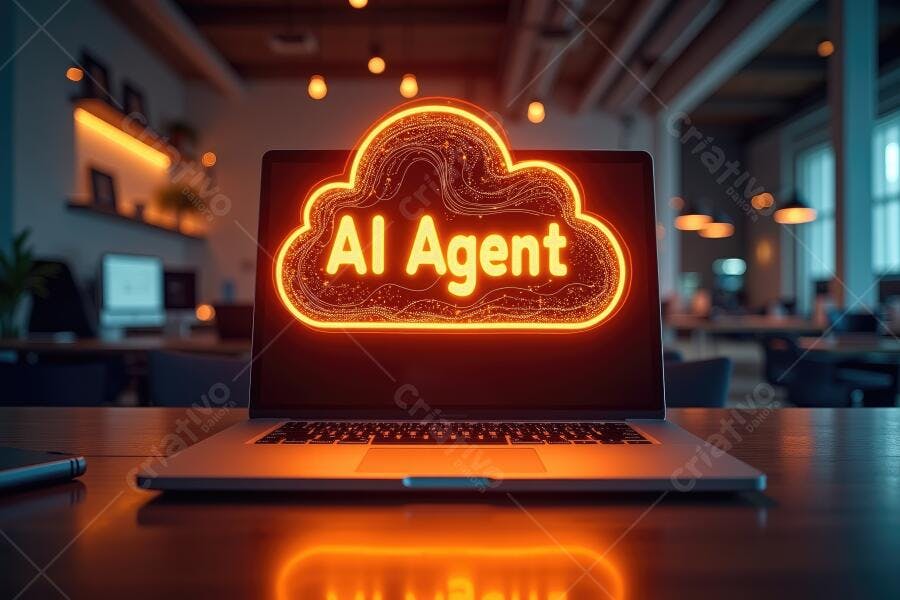 Foto Notebook AI Agent Nuvem Laranja Tecnologia Inteligência Artificial