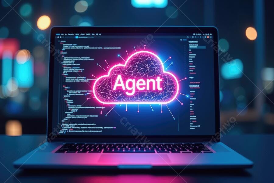 Foto Notebook Tela Nuvem Agent Código Programação Neon