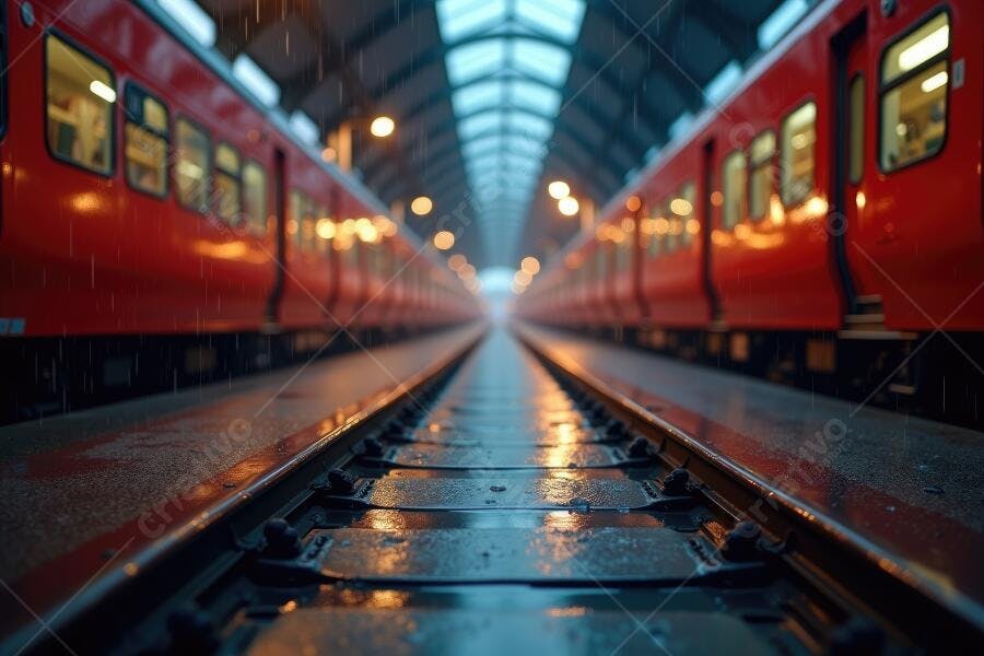 Foto Trens Vermelhos Estação Ferroviária Chuvosa Noturna