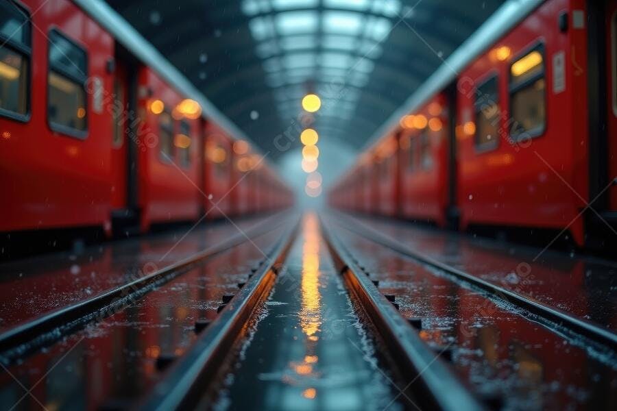 Foto Trens Vermelhos Estação de Metrô Chuvosa Trilhos Molhados