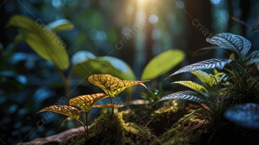 Foto Plantas Tropicais Floresta Iluminada Raio de Sol