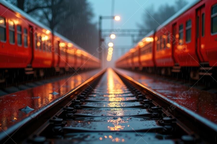 Foto Trens Vermelhos Trilhos Chuva Noturna Estação Ferroviária