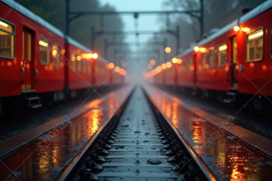 Foto Trens Vermelhos Estação Ferroviária Trilha Reflexo Chuva