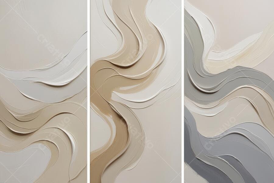 Textura Abstrata Ondas Bege Cinza Branco Tríptico