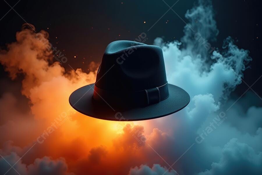 Foto Chapéu Fedora Flutuando Nuvens Laranja Azul Místico