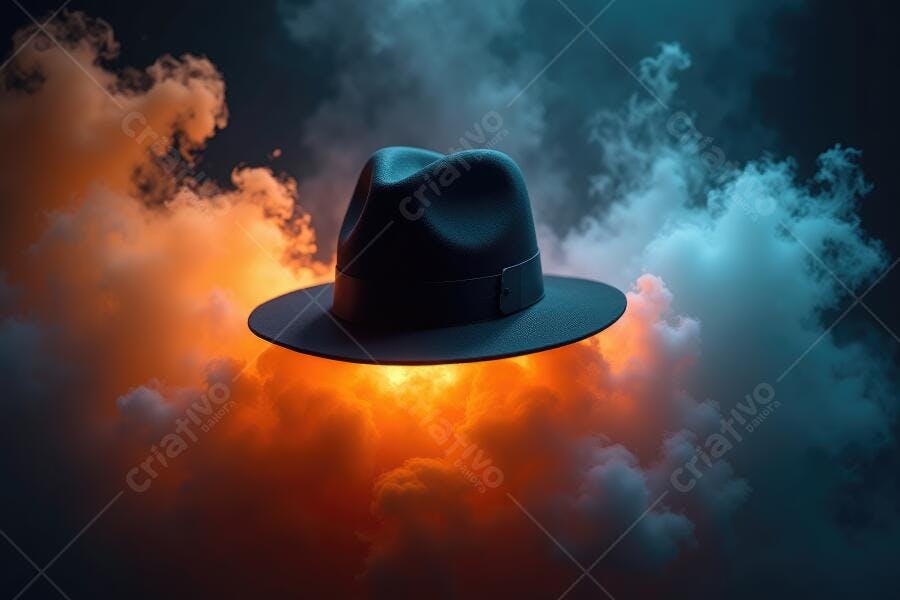 Foto Chapéu Fedora Flutuando Fumaça Laranja Azul Escuro