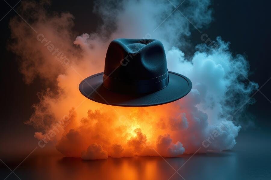 Foto Chapéu Fedora Flutuando Fumaça Colorida Laranja Azul