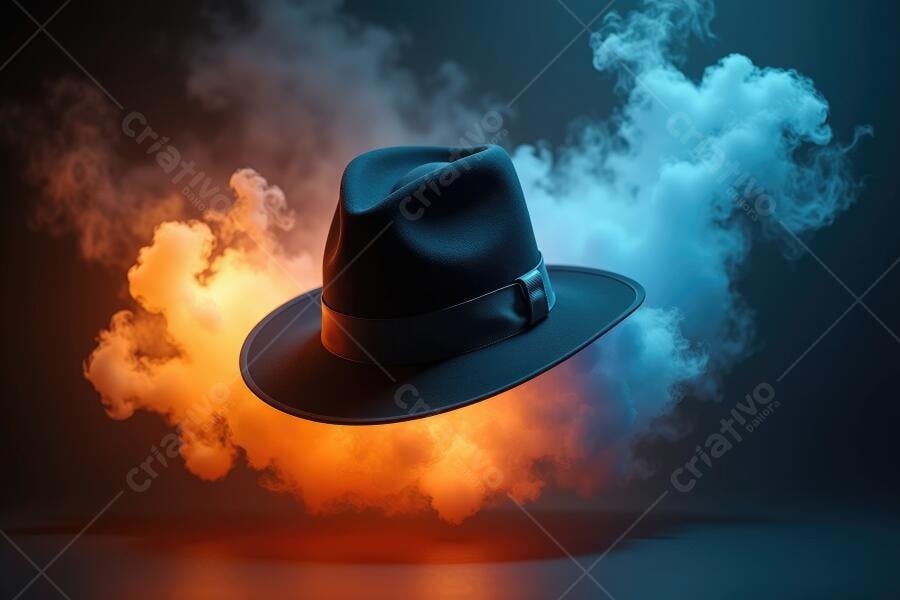 Foto Chapéu Fedora Flutuando Fumaça Colorida Azul Laranja