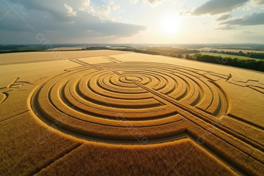 Foto Aérea Crop Circle Campo de Trigo Pôr do Sol
