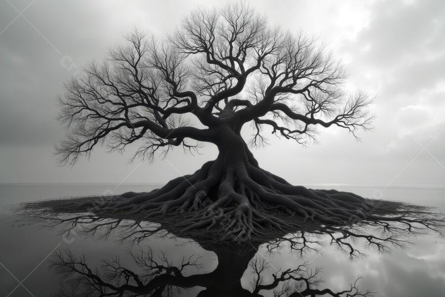 Foto Árvore Sem Folhas Raízes Expostas Reflexo Água Monocromático