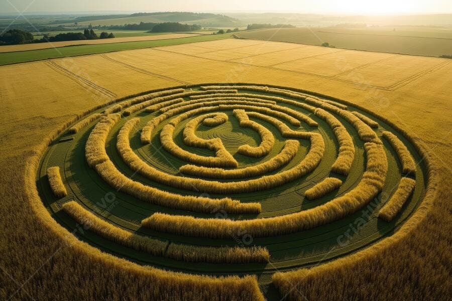 Foto Aérea Crop Circle Campo de Trigo Pôr do Sol