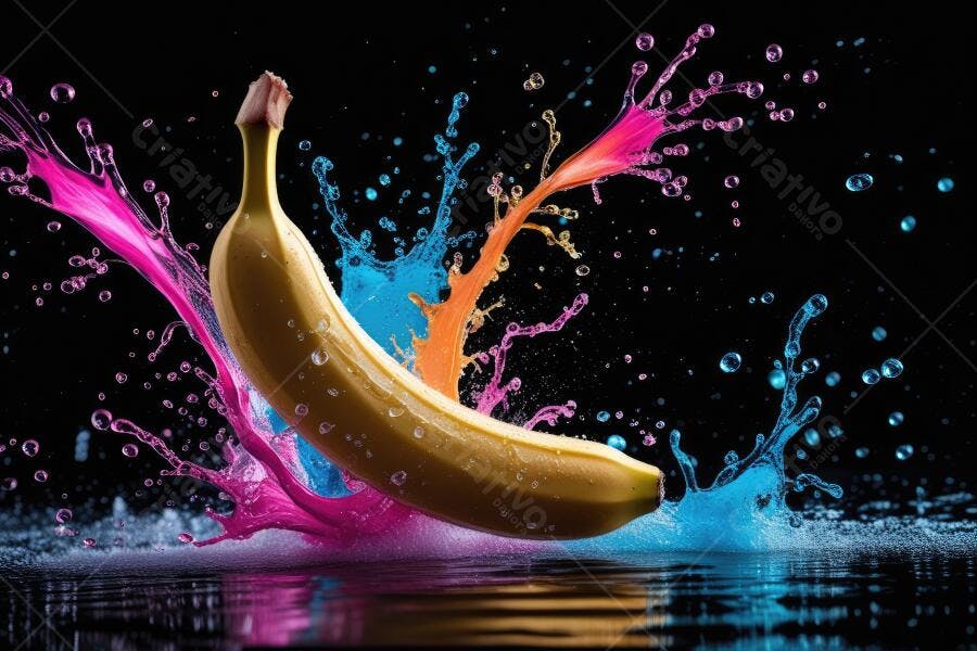 Foto Banana com Salpicos de Tinta Colorida Fundo Preto