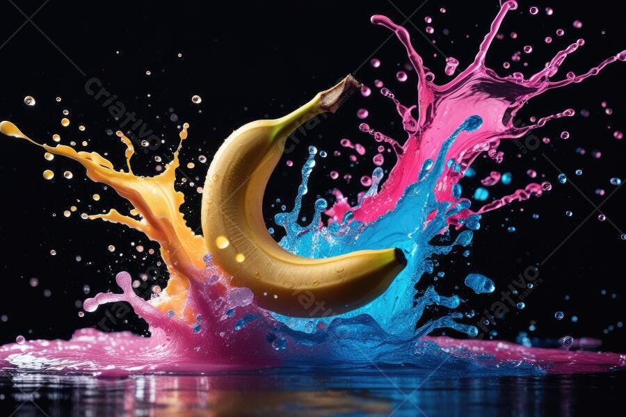 Foto Banana com Splash de Tinta Colorida Fundo Preto