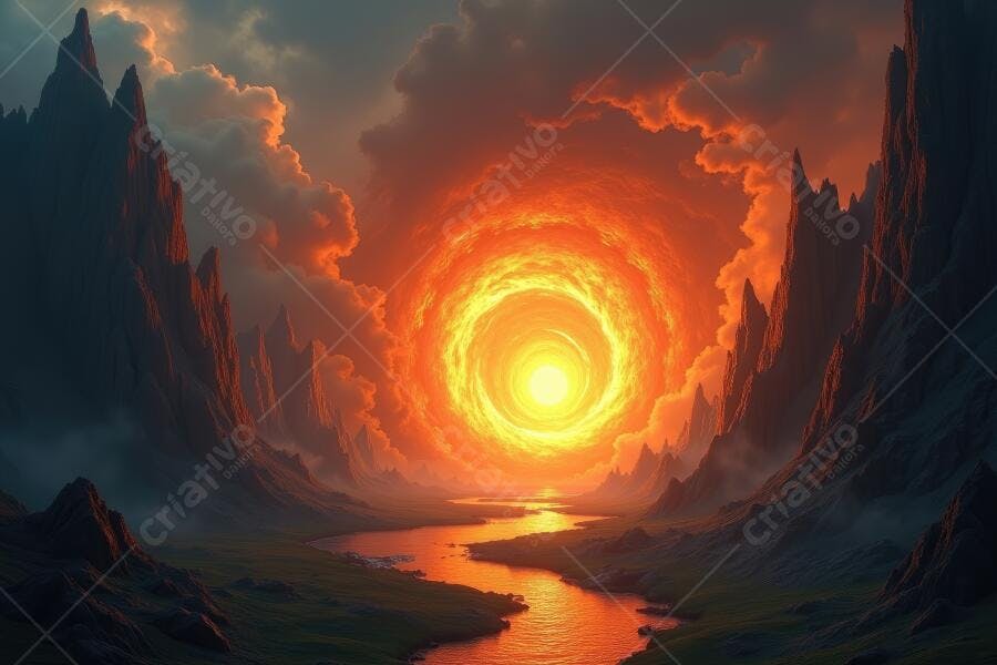 Paisagem Fantasia Vale Rio Montanhas Pôr do Sol Laranja