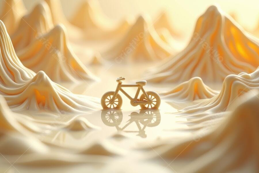 Foto Bicicleta Miniatura Dourada Montanhas de Creme Surreal