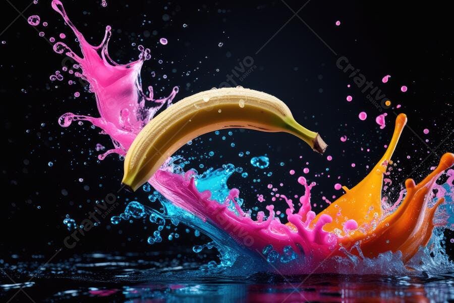 Foto Banana com Salpicos de Tinta Colorida Fundo Escuro