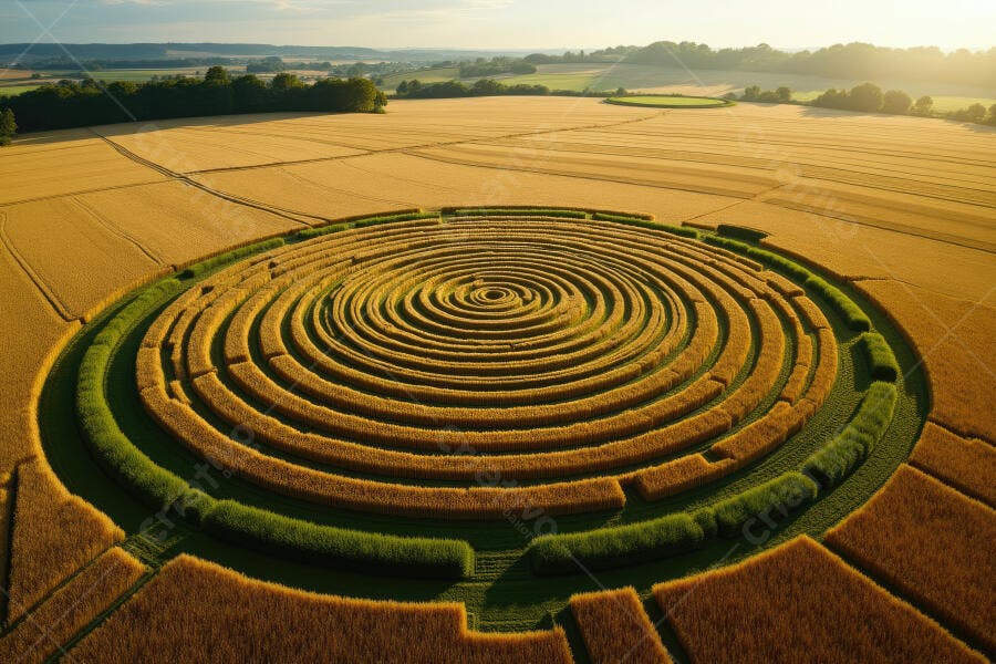 Foto Aérea Labirinto Circular Campo de Trigo Dourado