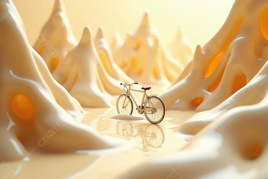 Foto Bicicleta Miniatura em Cenário Abstrato de Queijo Derretido