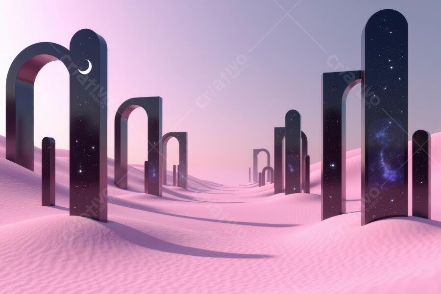Cenário 3D Abstrato Arcos Galáxia Dunas Rosas Minimalista