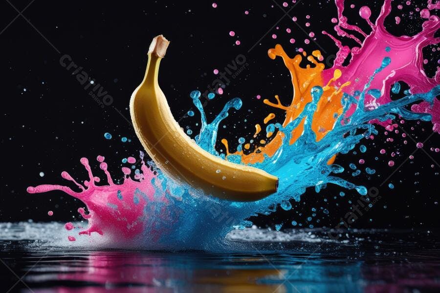 Foto Banana Amarela Salpicando Tinta Colorida Fundo Escuro
